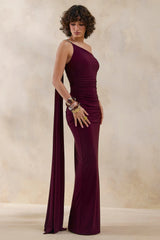 Bettine | Burgundy Asymmetric-Neck Maxi Dress With Cape-Sleeve