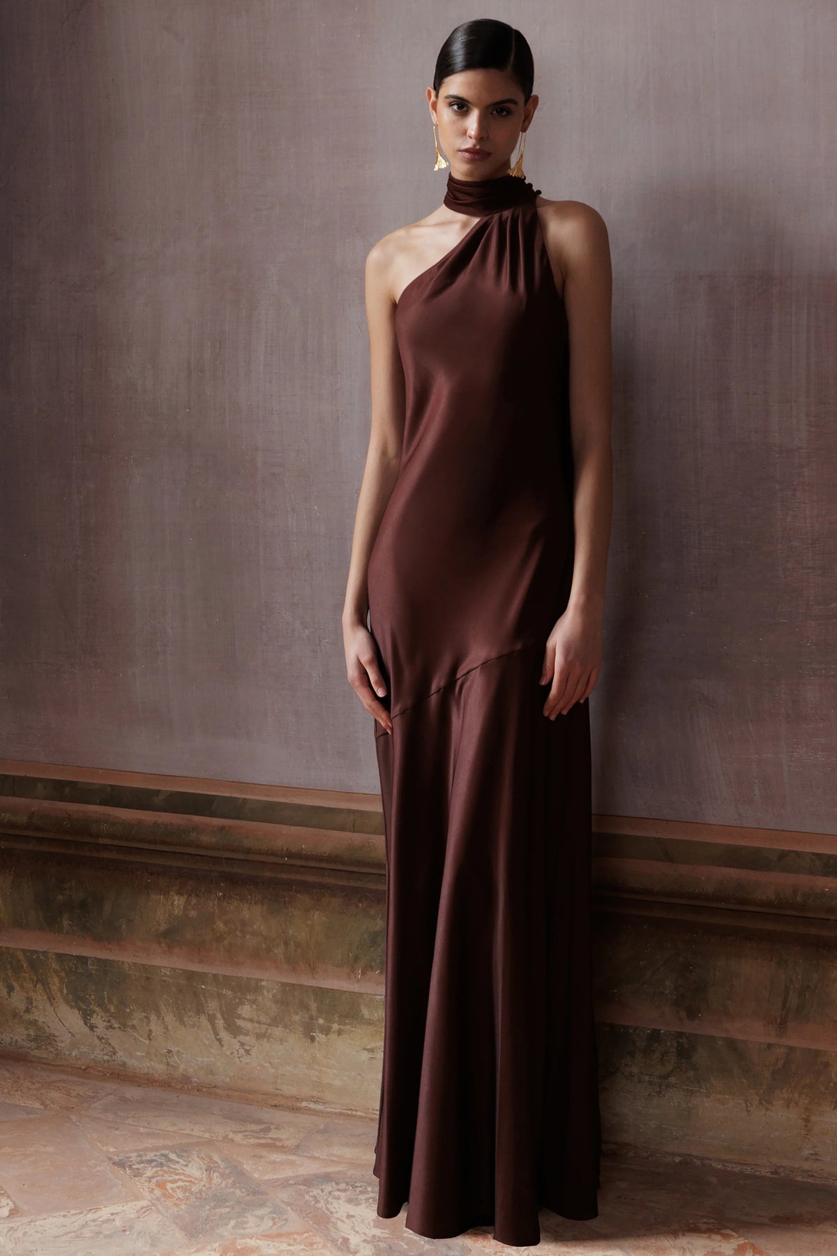 Cara | Brown Matte Satin High-Neck Maxi Dress